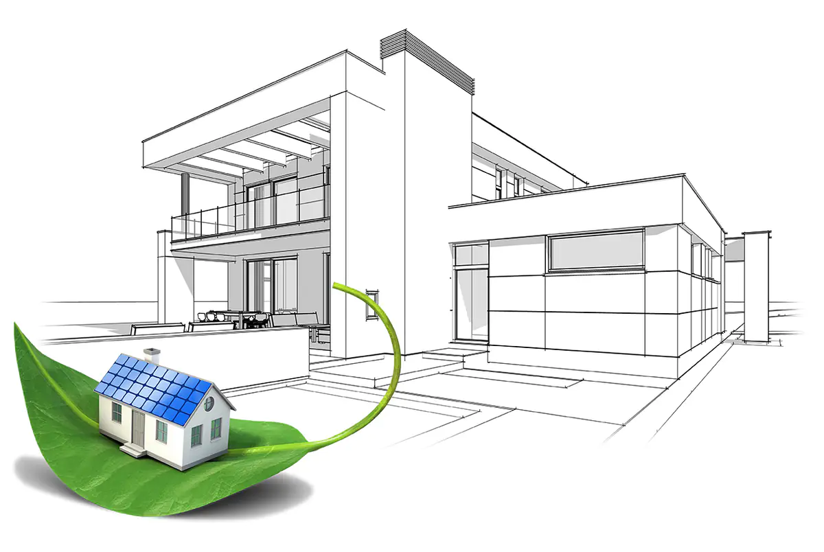 Illustration: Haus auf einem Blatt – umweltbewusste Gebäudetechnik